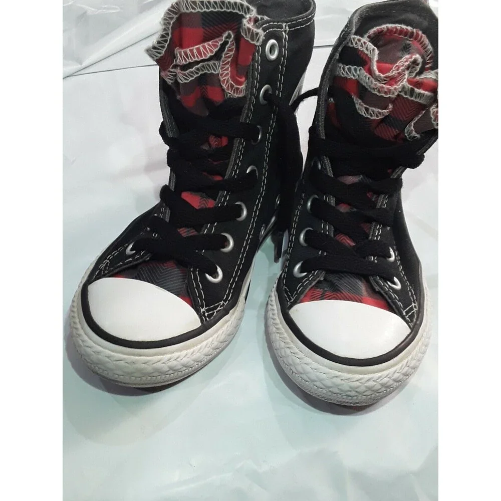 Converse Sneakers, All Star Chuck Taylor High Top Black with Plaid. Rare.